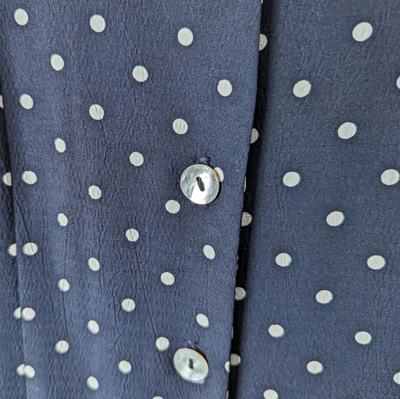 M/L Vintage Traditions Polka Dot Maxi Dress Navy White Button Up Tie Pleated - Picture 8 of 11